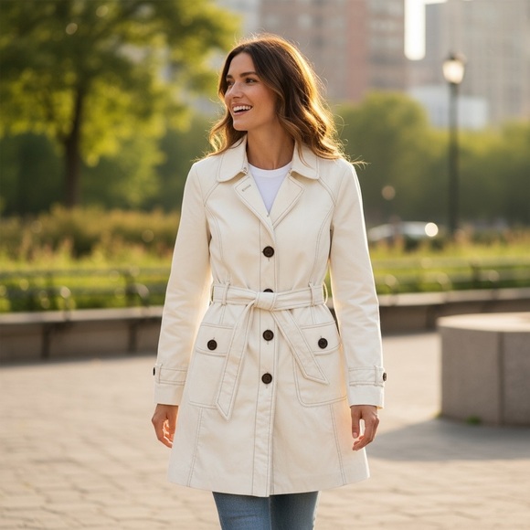 Bebe Vintage White Belted Trench Coat Button Front Cotton Blend Classic Chic XS - Picture 2 of 6